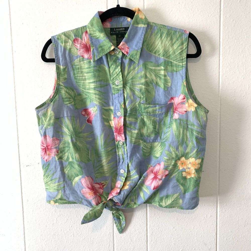 Lauren Ralph Lauren 12 Tank Top Tie 100% Linen Pink Green‎ Tropical Button Up